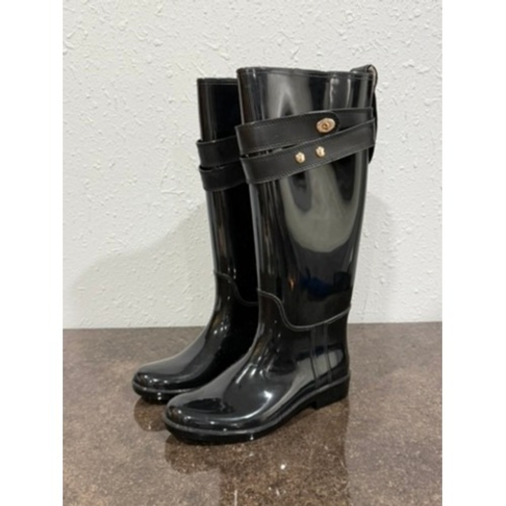 Coach Talia Tall Rain Boots Women's Size 6 Black Good Waterproof Glossy Turnlock